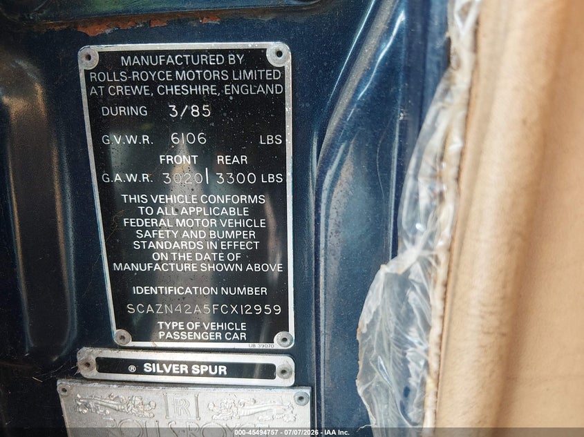 1985 Rolls-royce Silver spur VIN SCAZN42A5FCX12959 IAAI salvage auction — NORMAL WEAR, Clear (South Carolina), sold $3,175 on 2026-07-15 (photo 9)