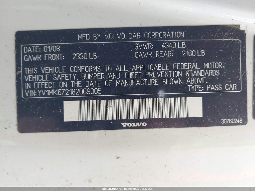 2008 Volvo C30 VIN YV1MK672182069005 IAAI salvage auction — NORMAL WEAR, Clear (Washington), sold $525 on 2026-07-08 (photo 9)