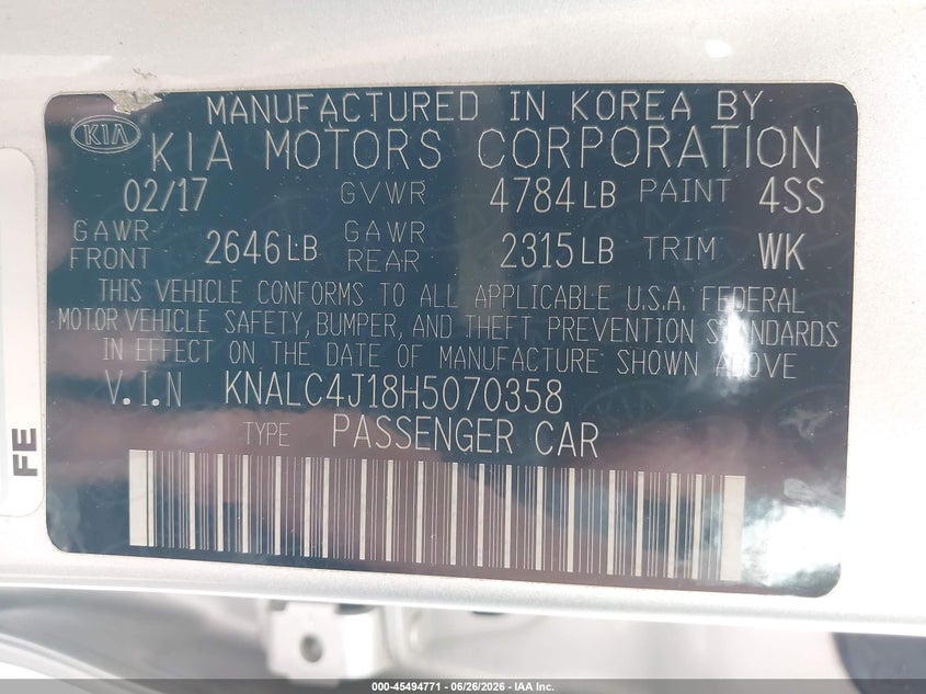 2017 Kia Cadenza VIN KNALC4J18H5070358 IAAI salvage auction — FRONT END, Salvage Certificate (California), sold $1,950 on 2026-07-31 (photo 9)
