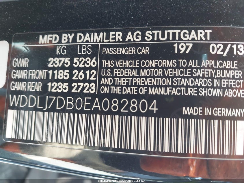 2014 Mercedes-benz Cls-klasse VIN WDDLJ7DB0EA082804 IAAI salvage auction — NORMAL WEAR, Clear - Dealer Only (California), sold $2,575 on 2026-07-28 (photo 9)