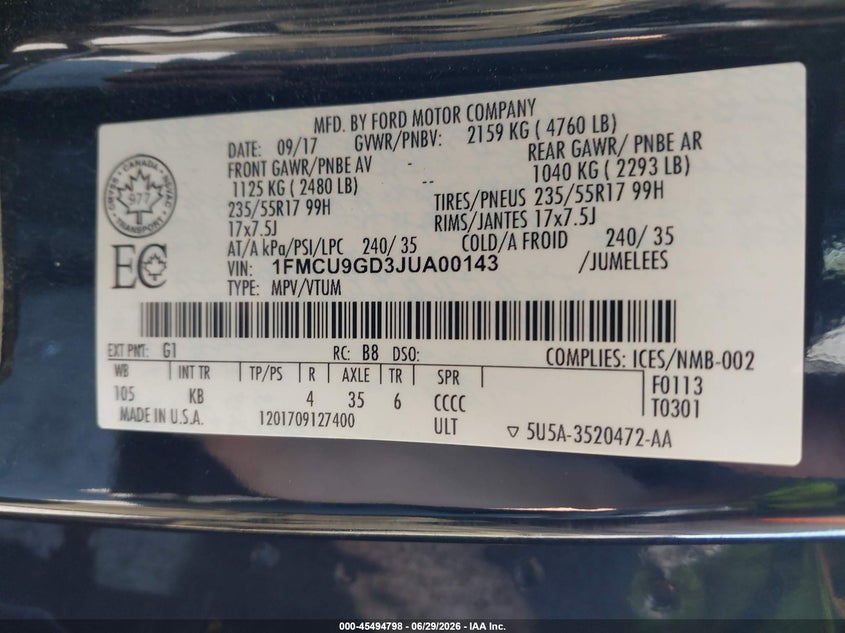 2018 Ford Escape VIN 1FMCU9GD3JUA00143 IAAI salvage auction — NORMAL WEAR, Clear (New York), sold $475 on 2026-07-21 (photo 9)