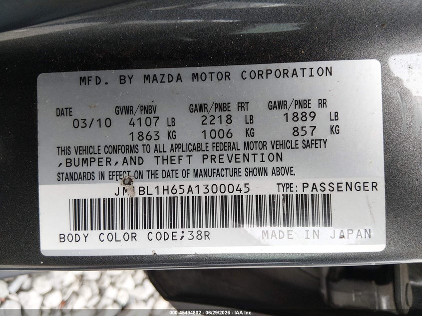 2010 Mazda 3 VIN JM1BL1H65A1300045 IAAI salvage auction — FRONT & REAR, Bill Of Sale (Washington), sold $275 on 2026-07-22 (photo 9)