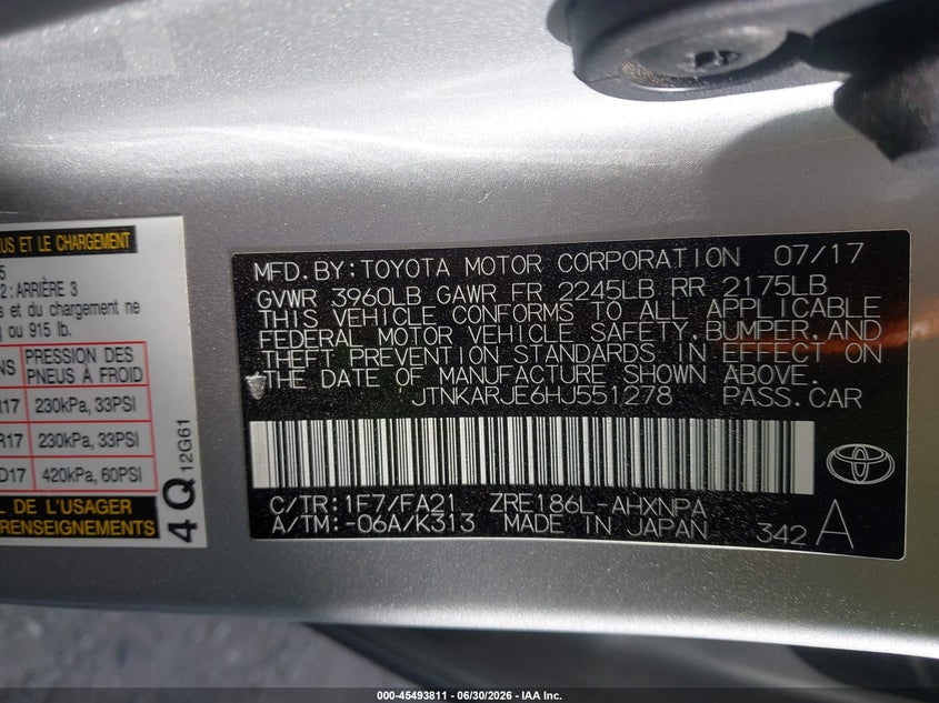 2017 Toyota Corolla VIN JTNKARJE6HJ551278 IAAI salvage auction — RIGHT SIDE, Salvage (Kansas), sold $4,300 on 2026-07-29 (photo 9)
