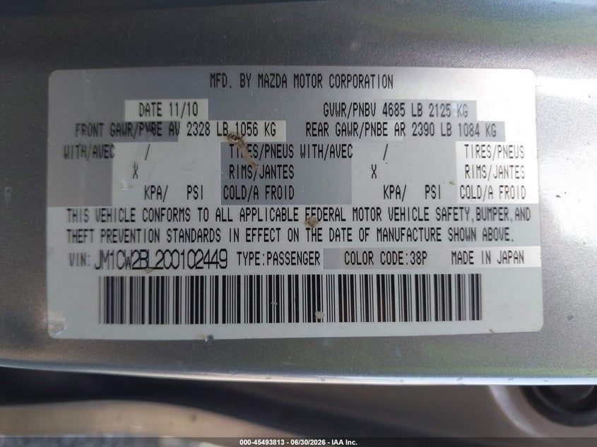 2012 Mazda 5 VIN JM1CW2BL2C0102449 IAAI salvage auction — REAR END, Salvage (Ohio), sold $325 on 2026-07-16 (photo 9)