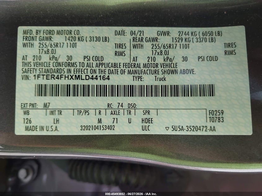 2021 Ford Ranger VIN 1FTER4FHXMLD44164 IAAI salvage auction — FRONT END, Bill Of Sale (Washington), sold $7,100 on 2026-07-29 (photo 9)