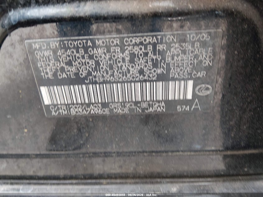 2006 Lexus Gs 300 VIN JTHBH96S265026432 IAAI salvage auction — NORMAL WEAR, Nrc Lienholder Repossession Paperwork (Texas), sold $425 on 2026-07-29 (photo 9)