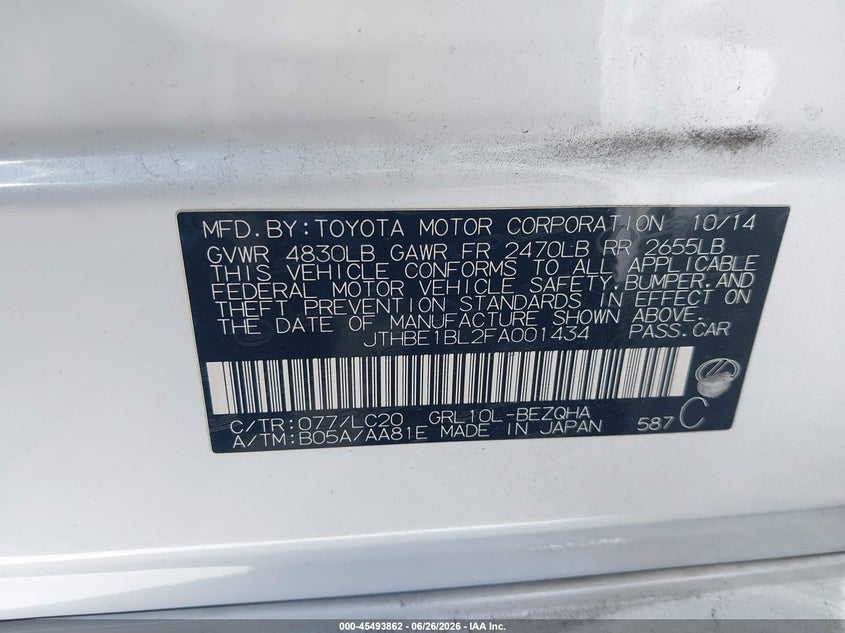 2015 Lexus Gs VIN JTHBE1BL2FA001434 IAAI salvage auction — FRONT END, Salvage Certificate (California), sold $4,200 on 2026-07-10 (photo 9)