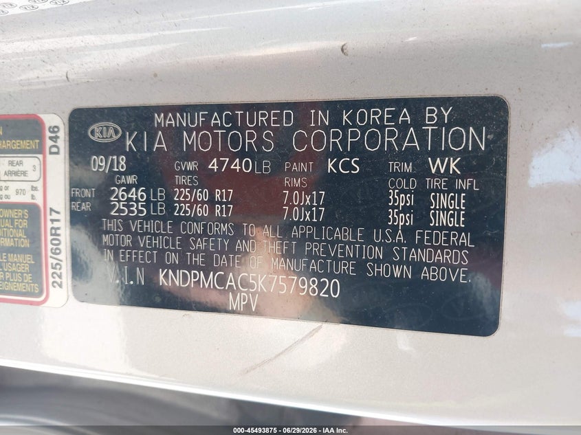 2019 Kia Sportage VIN KNDPMCAC5K7579820 IAAI salvage auction — NORMAL WEAR, Clear (New York), sold $1,950 on 2026-07-28 (photo 9)