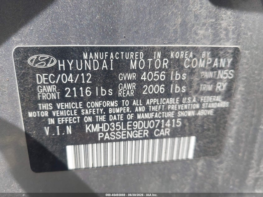 2013 Hyundai Elantra VIN KMHD35LE9DU071415 IAAI salvage auction — NORMAL WEAR, Salvage Title, sold $925 on 2026-07-28 (photo 9)