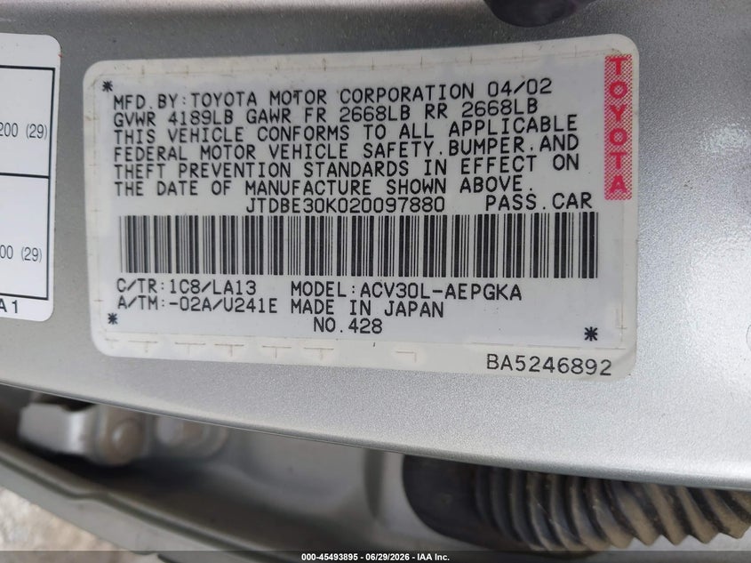 2002 Toyota Camry VIN JTDBE30K020097880 IAAI salvage auction — NORMAL WEAR, Clear (Washington), sold $1,900 on 2026-07-08 (photo 9)