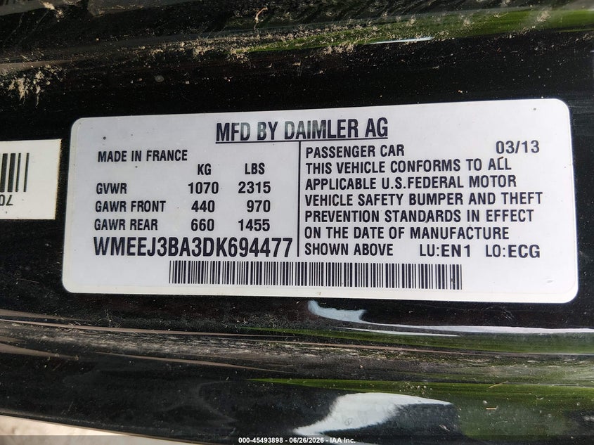 2013 Smart Fortwo VIN WMEEJ3BA3DK694477 IAAI salvage auction — NORMAL WEAR, Clear (District Of Columbia), sold $925 on 2026-07-22 (photo 9)