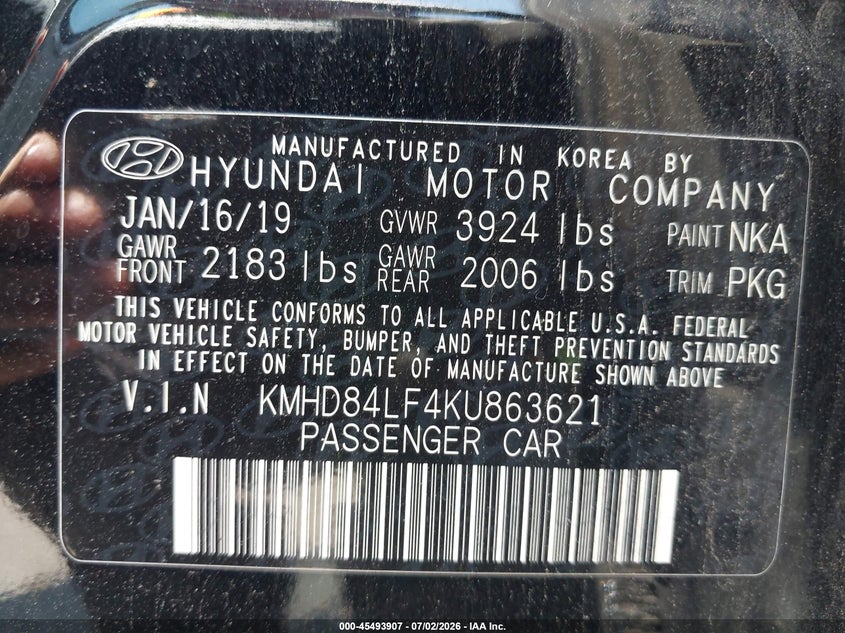 2019 Hyundai Elantra VIN KMHD84LF4KU863621 IAAI salvage auction — REAR END, Salvage (Arizona), sold $3,700 on 2026-07-20 (photo 9)