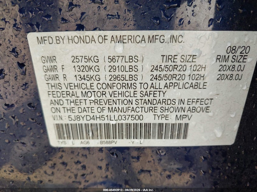 2020 Acura Mdx VIN 5J8YD4H51LL037500 IAAI salvage auction — NORMAL WEAR, Clear-Endorsement (Wisconsin), sold $14,300 on 2026-07-28 (photo 9)