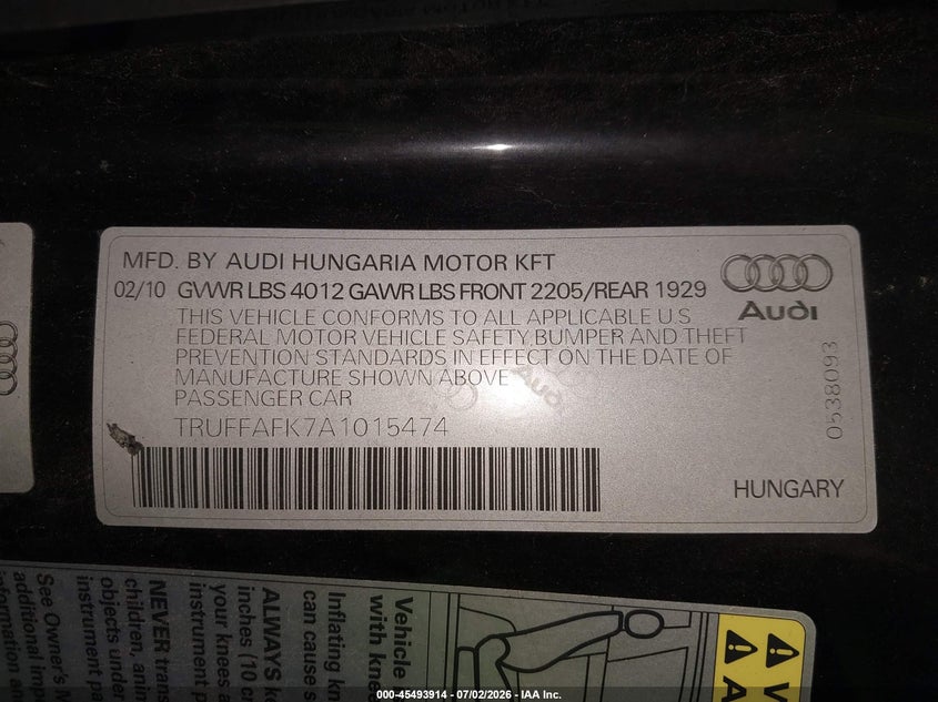 2010 Audi Tt VIN TRUFFAFK7A1015474 IAAI salvage auction — RIGHT FRONT, Mv-907A (New York), sold $600 on 2026-07-31 (photo 9)