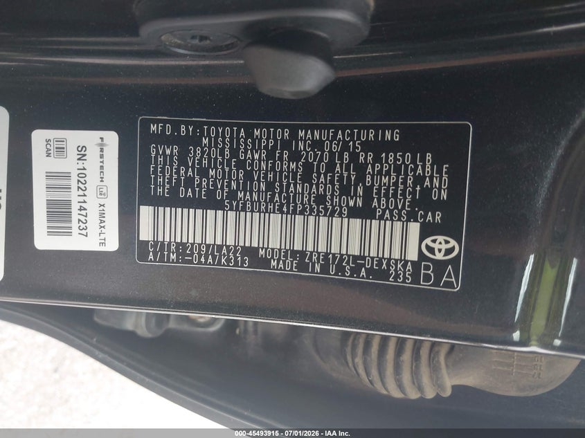 2015 Toyota Corolla VIN 5YFBURHE4FP335729 IAAI salvage auction — FRONT END, Salvage Title, sold $1,900 on 2026-07-31 (photo 9)