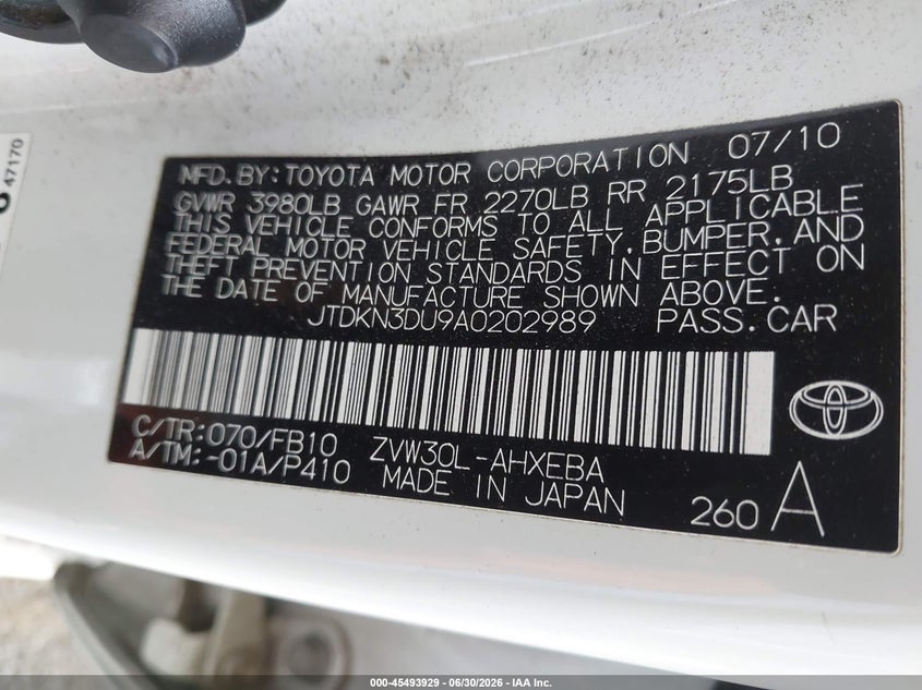 2010 Toyota Prius VIN JTDKN3DU9A0202989 IAAI salvage auction — FRONT END, Salvage (California), sold $750 on 2026-07-21 (photo 9)