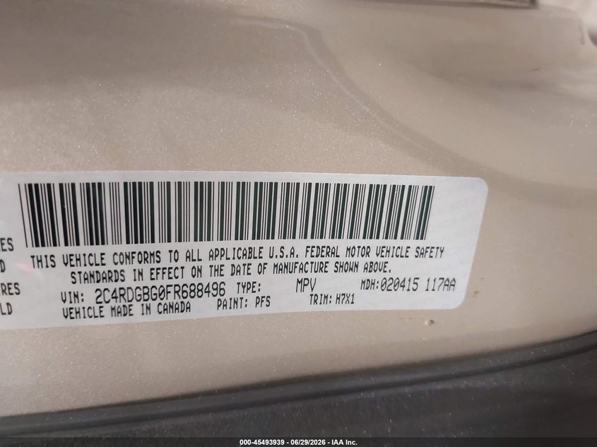 2015 Dodge Caravan VIN 2C4RDGBG0FR688496 IAAI salvage auction — RIGHT FRONT, Salvage (North Carolina), sold $1,900 on 2026-07-09 (photo 9)