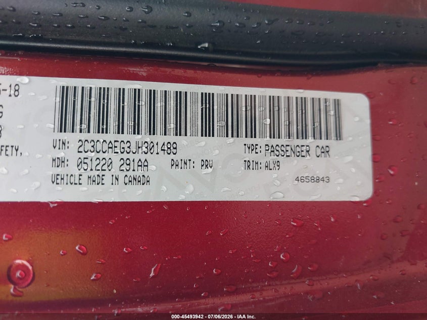 2018 Chrysler 300 VIN 2C3CCAEG3JH301489 IAAI salvage auction — FRONT END, Salvage - Greater Than 75% (Maryland), sold $2,900 on 2026-07-31 (photo 9)