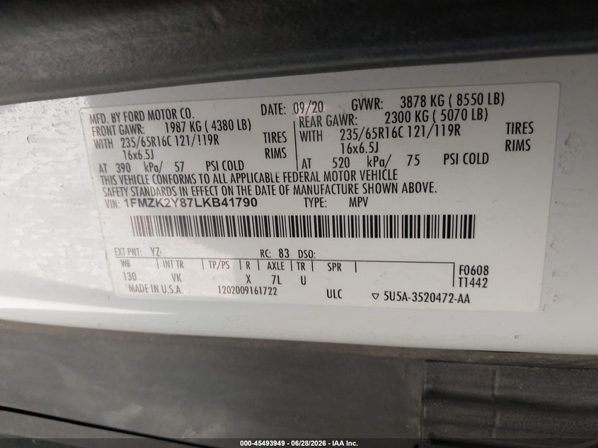 2020 Ford Transit 150 VIN 1FMZK2Y87LKB41790 IAAI salvage auction — NORMAL WEAR, SF97 (Maine), sold $17,150 on 2026-07-23 (photo 9)