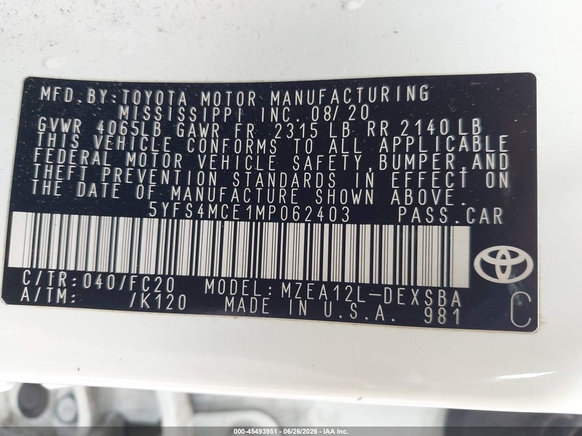 2021 Toyota Corolla VIN 5YFS4MCE1MP062403 IAAI salvage auction — LEFT FRONT, Salvage (California), sold $7,900 on 2026-08-01 (photo 9)