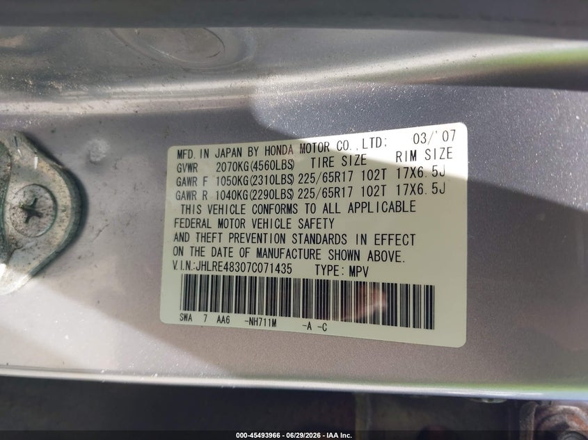 2007 Honda Cr-v VIN JHLRE48307C071435 IAAI salvage auction — NORMAL WEAR, Clear (Massachusetts), sold $1,300 on 2026-07-24 (photo 9)