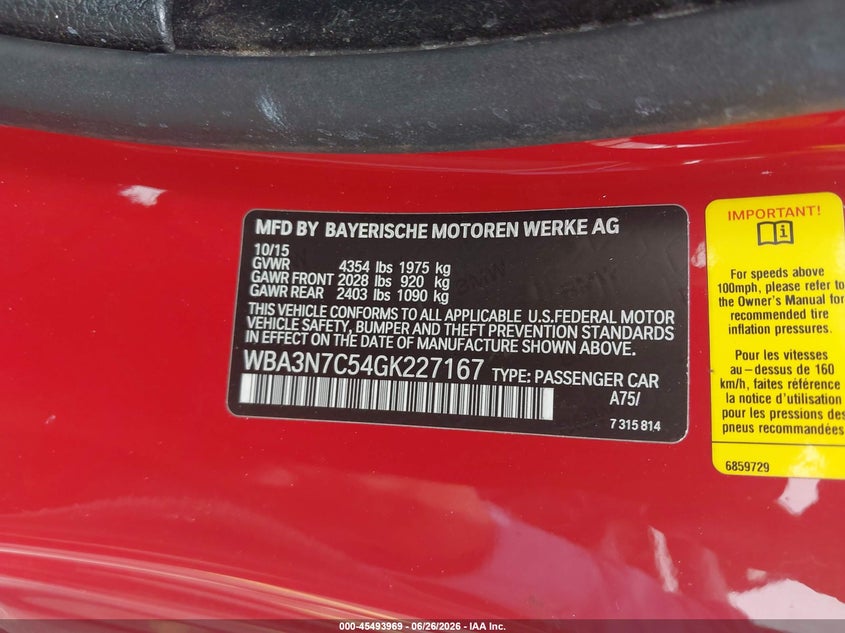 2016 BMW 4er VIN WBA3N7C54GK227167 IAAI salvage auction — FRONT END, Wait Title, sold $25 on 2026-08-08 (photo 9)