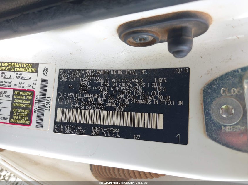 2011 Toyota Tundra VIN 5TFRY5F12BX103525 IAAI salvage auction — FRONT & REAR, Salvage (Georgia), sold $1,850 on 2026-07-23 (photo 9)
