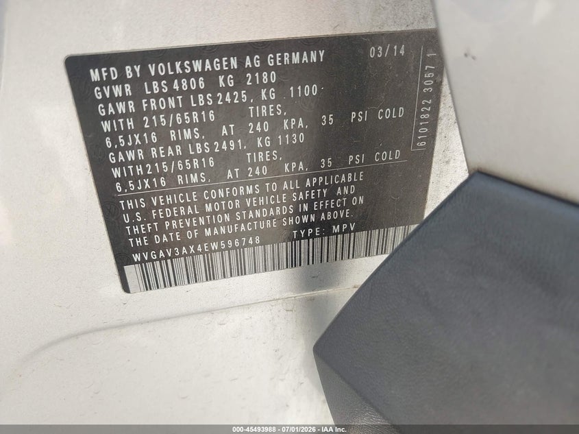 2014 Volkswagen Tiguan VIN WVGAV3AX4EW596748 IAAI salvage auction — LEFT REAR, Salvage (Texas), sold $1,425 on 2026-08-04 (photo 9)