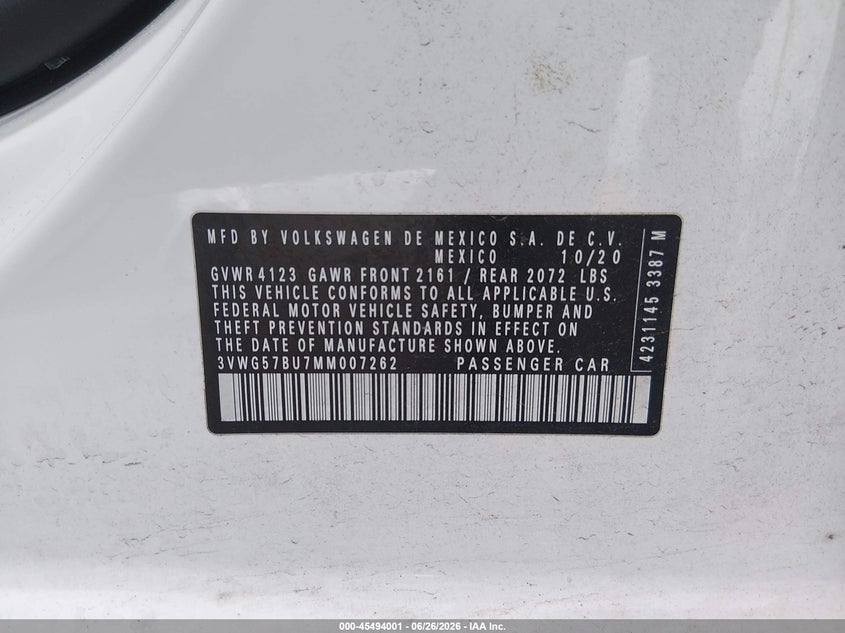 2021 Volkswagen Jetta VIN 3VWG57BU7MM007262 IAAI salvage auction — FRONT END, Salvage - Greater Than 75% (Maryland), sold $7,050 on 2026-08-24 (photo 9)