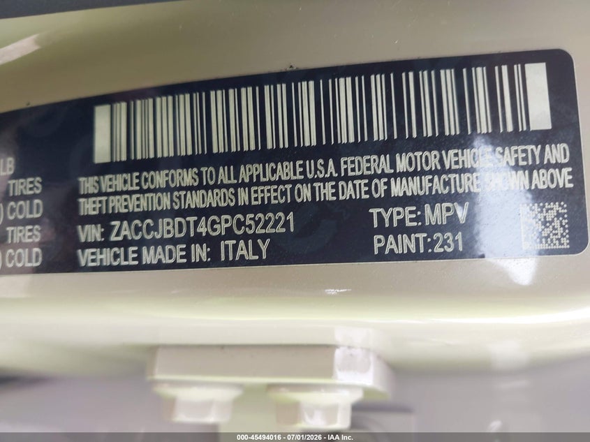 2016 Jeep Renegade VIN ZACCJBDT4GPC52221 IAAI salvage auction — LEFT FRONT, Mv-907A (New York), sold $1,900 on 2026-07-09 (photo 9)