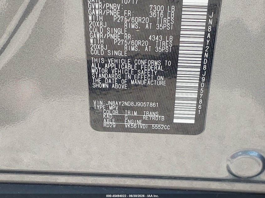 2018 Nissan Armada VIN JN8AY2ND8J9057861 IAAI salvage auction — FRONT END, Salvage (Louisiana), sold $6,750 on 2026-07-28 (photo 9)