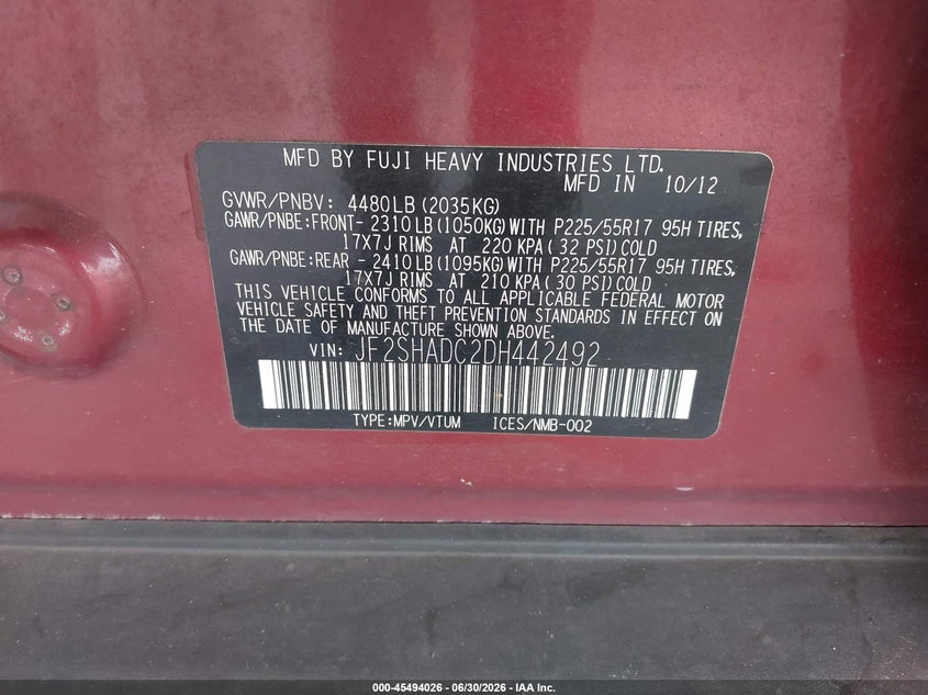 2013 Subaru Forester VIN JF2SHADC2DH442492 IAAI salvage auction — NORMAL WEAR, Clear (Florida), sold $300 on 2026-07-28 (photo 9)