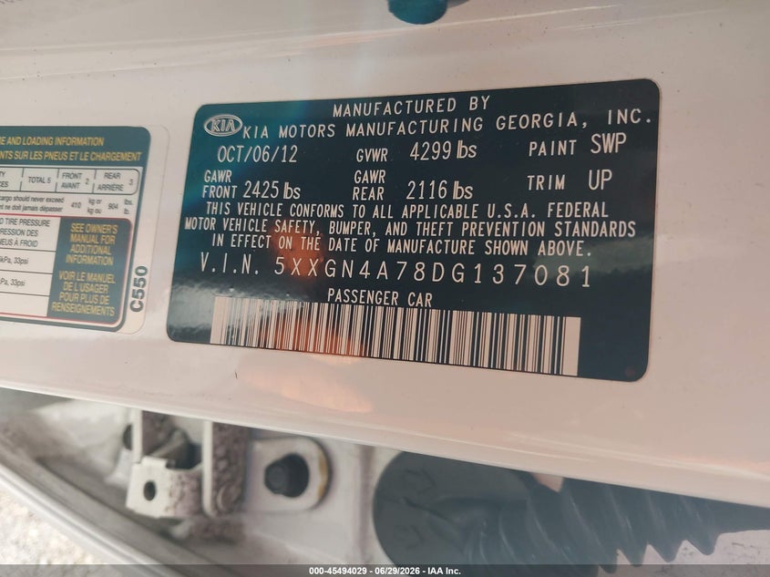 2013 Kia Optima VIN 5XXGN4A78DG137081 IAAI salvage auction — REAR END, Salvage (Pennsylvania), sold $500 on 2026-07-12 (photo 9)