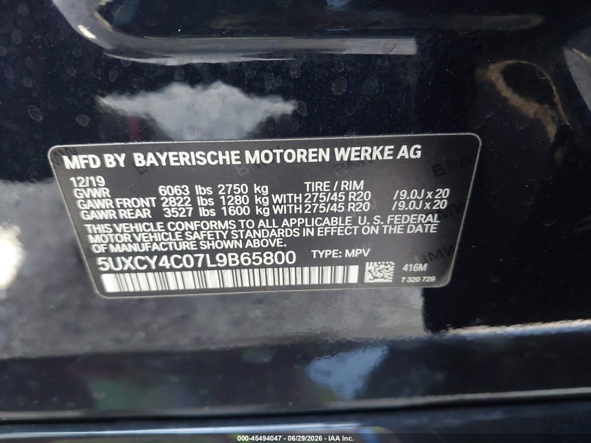 2020 BMW X6 VIN 5UXCY4C07L9B65800 IAAI salvage auction — Exterior Burn, Salvage, sold $30,000 on 2026-08-25 (photo 9)