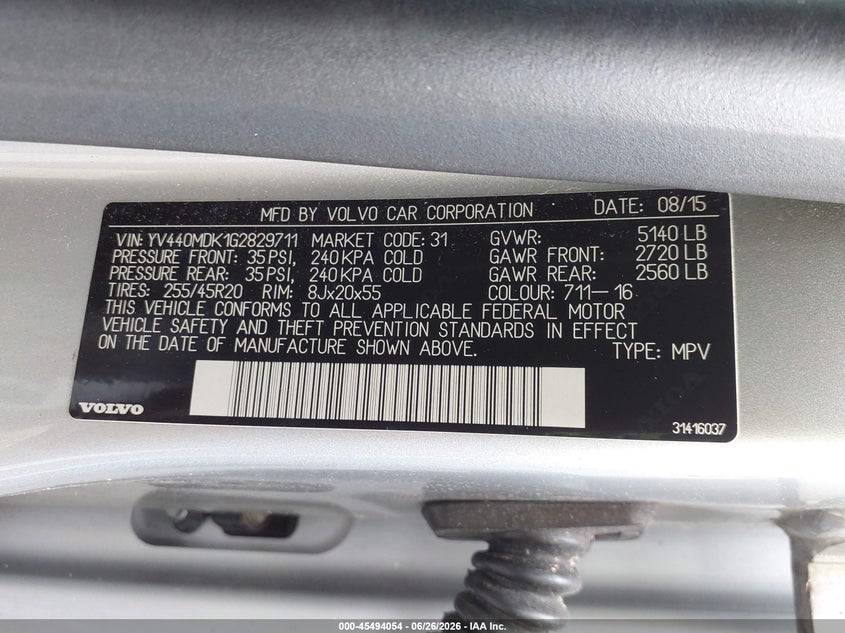 2016 Volvo Xc60 VIN YV440MDK1G2829711 IAAI salvage auction — ROOF, Salvage (Idaho), sold $3,075 on 2026-07-16 (photo 9)