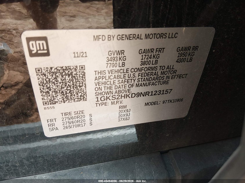 2022 Gmc Yukon VIN 1GKS2HKD9NR123157 IAAI salvage auction — FRONT END, Clear (Missouri), sold $18,100 on 2026-07-30 (photo 9)