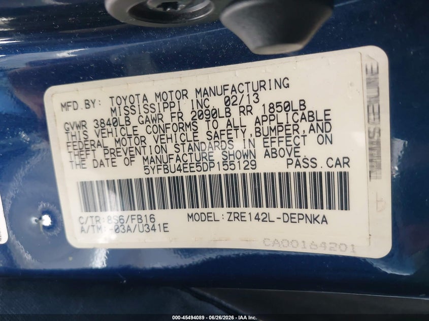 2013 Toyota Corolla VIN 5YFBU4EE5DP155129 IAAI salvage auction — REAR END, Original (Texas), sold $1,650 on 2026-07-30 (photo 9)