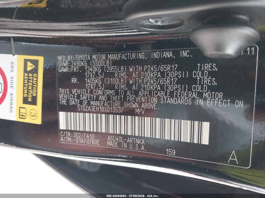 2011 Toyota Highlander VIN 5TDZA3EH1BS013537 IAAI salvage auction — FRONT END, Clear (Indiana), sold $1,100 on 2026-07-29 (photo 9)