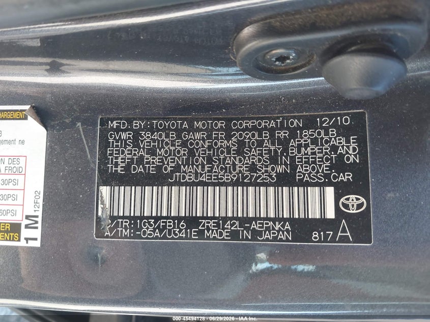 2011 Toyota Corolla VIN JTDBU4EE5B9127253 IAAI salvage auction — RIGHT SIDE, Salvage (Arizona), sold $1,200 on 2026-07-23 (photo 9)
