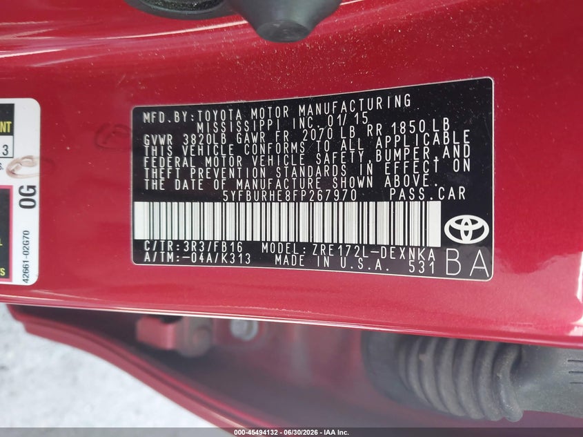 2015 Toyota Corolla VIN 5YFBURHE8FP267970 IAAI salvage auction — REAR END, Salvage (North Carolina), sold $3,950 on 2026-07-16 (photo 9)