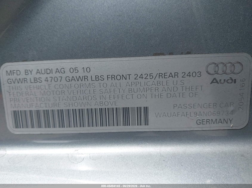 2010 Audi A4 VIN WAUAFAFL9AN069734 IAAI salvage auction — FRONT END, Salvage (California), sold $950 on 2026-07-20 (photo 9)