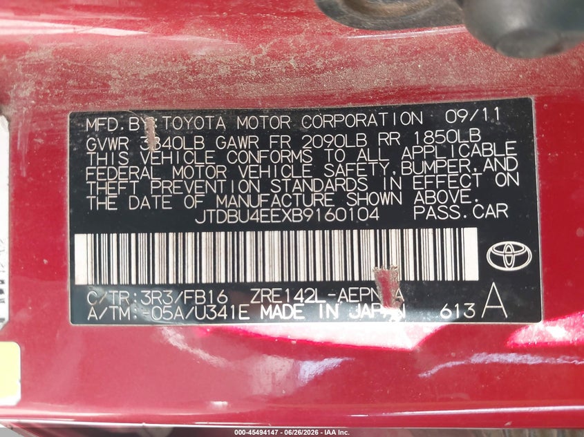 2011 Toyota Corolla VIN JTDBU4EEXB9160104 IAAI salvage auction — FRONT & REAR, Salvage (Texas), sold $975 on 2026-07-29 (photo 9)