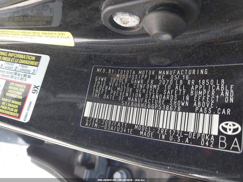 2016 Toyota Corolla VIN 5YFBURHE6GP518678 IAAI salvage auction — ALL OVER, Salvage (Texas), sold $1,000 on 2026-07-31 (photo 9)