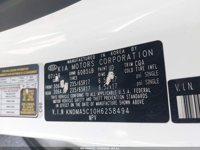 2017 Kia SEDONA VIN KNDMA5C10H6258494 IAAI salvage auction — LEFT & RIGHT, Salvage Title, sold $1,750 on 2026-07-15 (photo 9)