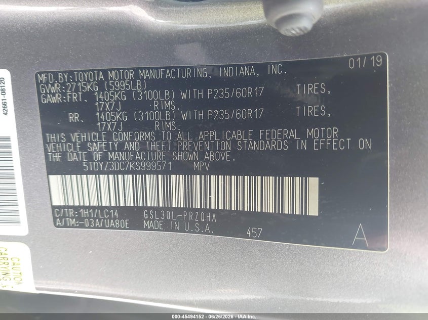 2019 Toyota Sienna VIN 5TDYZ3DC7KS999571 IAAI salvage auction — REAR END, Salvage (South Carolina), sold $25 on 2026-07-29 (photo 9)