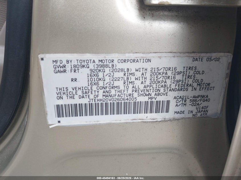 2002 Toyota Rav 4 VIN JTEHH20V026064005 IAAI salvage auction — UNDERCARRIAGE, Certificate Of Origin (Connecticut), sold $925 on 2026-07-30 (photo 9)
