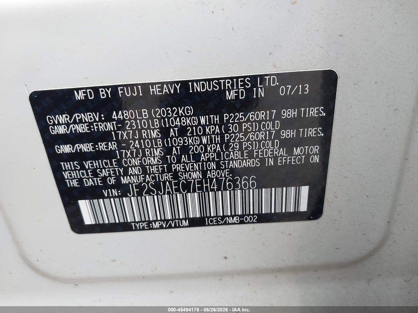 2014 Subaru Forester VIN JF2SJAEC7EH476366 IAAI salvage auction — THEFT, Bill Of Sale (Washington), sold $2,375 on 2026-07-22 (photo 9)