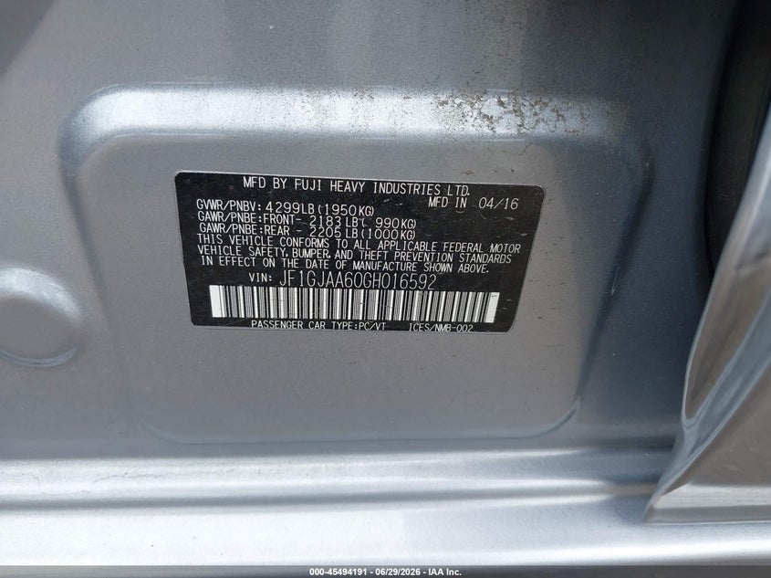 2016 Subaru Impreza VIN JF1GJAA60GH016592 IAAI salvage auction — FRONT END, Clear (Virginia), sold $925 on 2026-07-28 (photo 9)