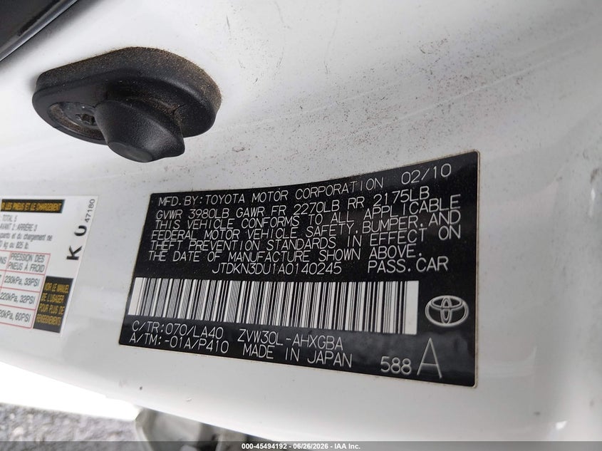 2010 Toyota Prius v VIN JTDKN3DU1A0140245 IAAI salvage auction — RIGHT FRONT, Salvage (California), sold $2,550 on 2026-07-09 (photo 9)