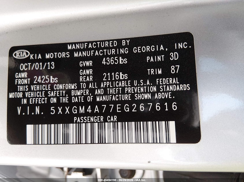 2014 Kia Optima VIN 5XXGM4A77EG267616 IAAI salvage auction — THEFT, Salvage (Connecticut), sold $400 on 2026-07-30 (photo 9)